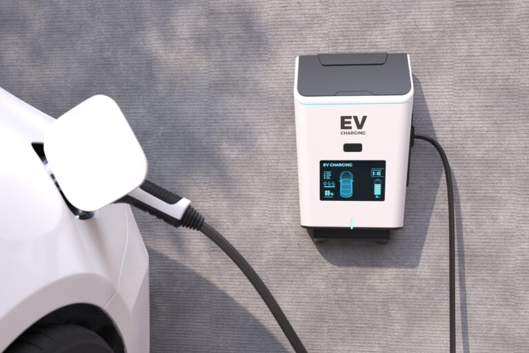 EV Charging Station, Clean energy filling technology, Electric car charging. 3D illustration