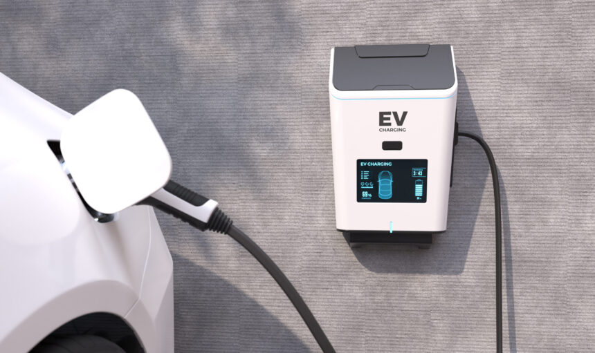 EV Charging Station, Clean energy filling technology, Electric car charging. 3D illustration