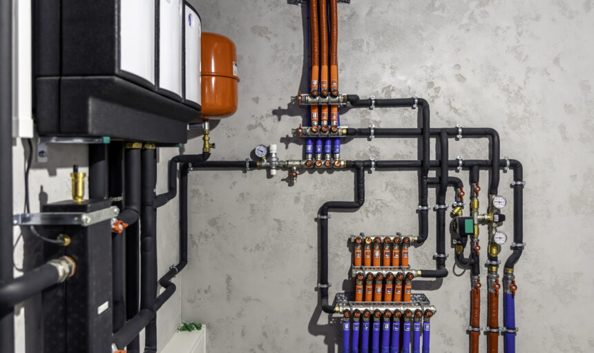 A modern electric boiler room. Equipment for modern heating system as a boiler, heater,pipes, expansion tank and other.