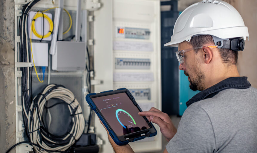 Man, an electrical technician working in a switchboard with fuses. Installation and connection of electrical equipment.