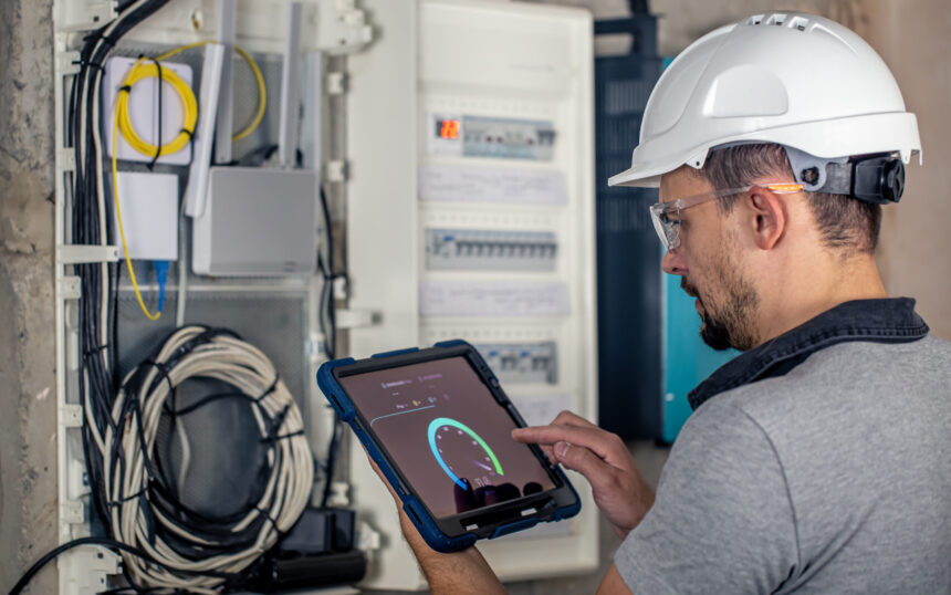 Man, an electrical technician working in a switchboard with fuses. Installation and connection of electrical equipment.